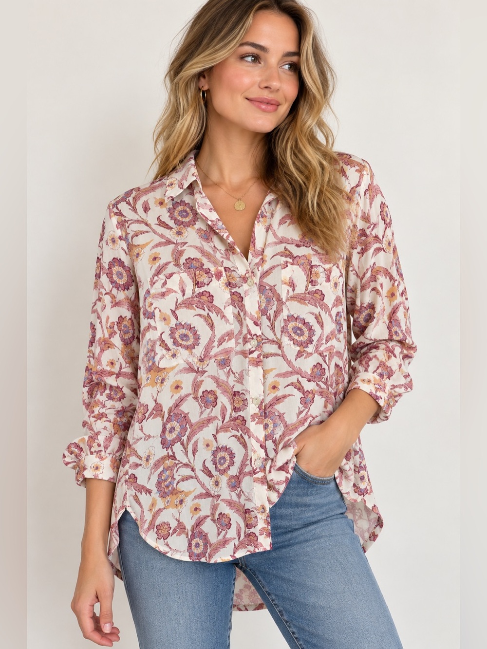 167 Pilcro Anthropologie Floral Button Down Blouse High Low Hem Size Small